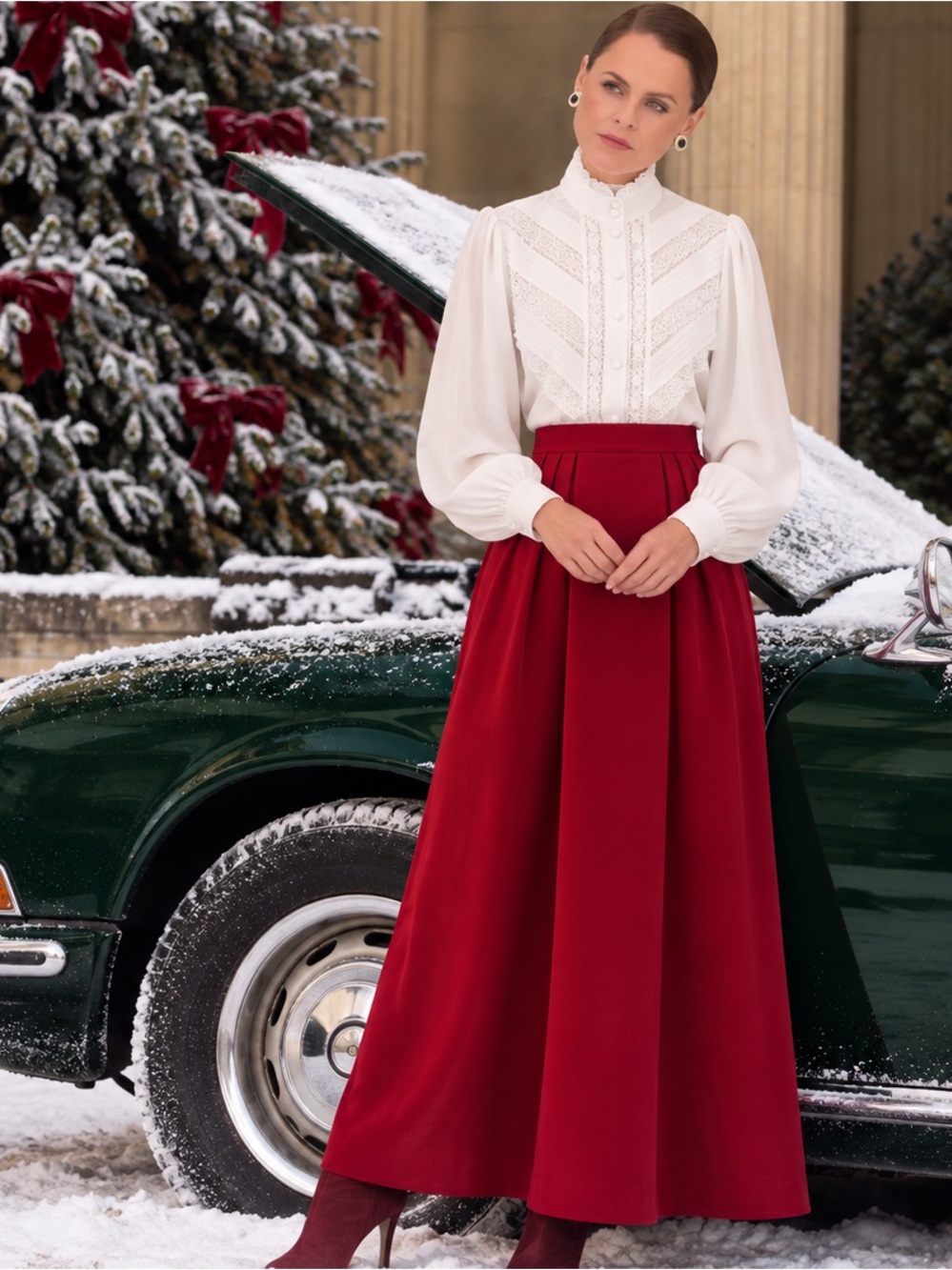 VTG Crimson Red Velvet Maxi Skirt Victorian Holiday Christmas Prairie Handmade S